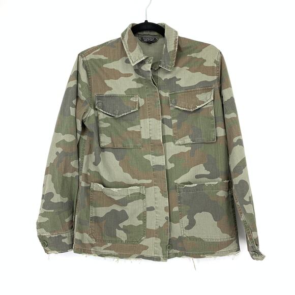 Topshop Women's Size 4 Green Jacket Camouflage Print Collared Front Pockets - Picture 1 of 8